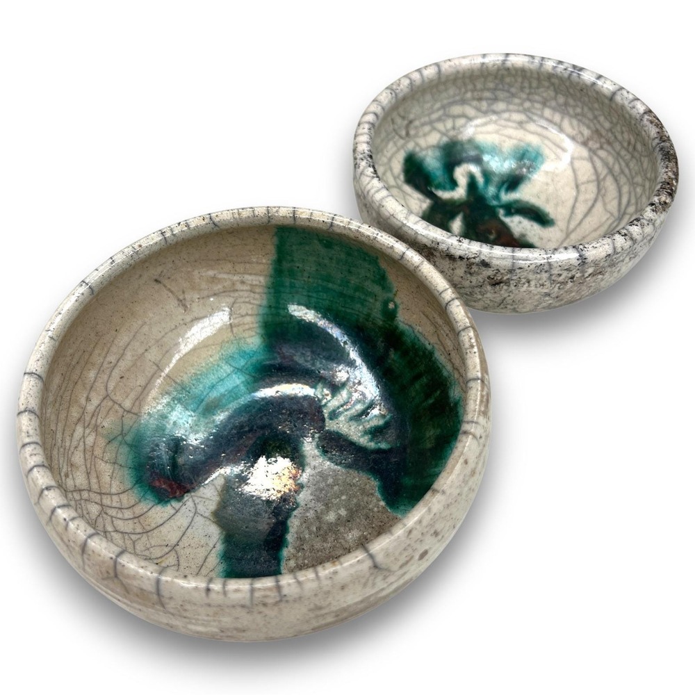 Set of 2 Raku Style Studio Art Pottery Bowls Signed Blue Teal Metallic Glaze